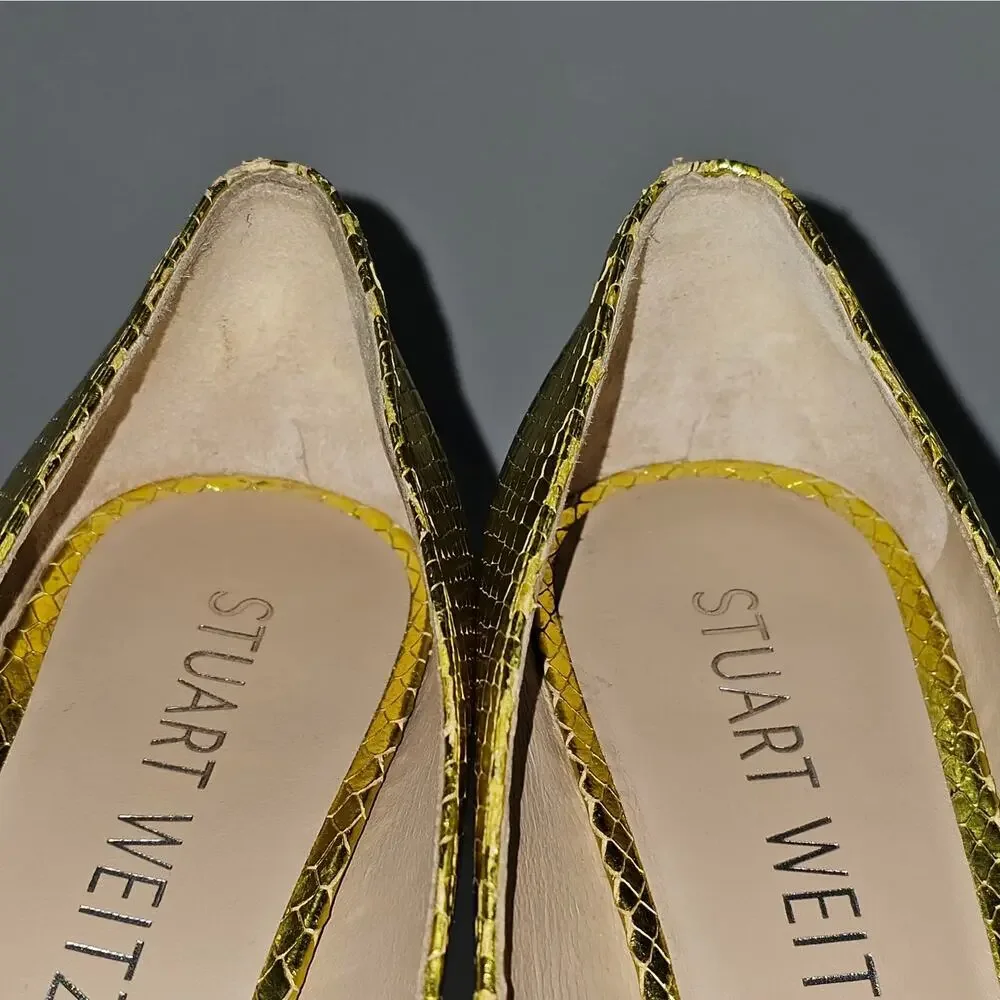 Stuart Weitzman Metallic Yellow Snakeskin Pointed-Toe Pumps - Picture 7 of 16